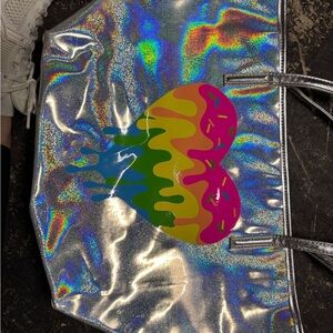 Iridescent Silver Tote with Rainbow Heart